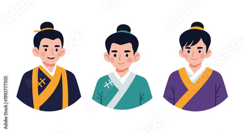 Vector set collections of Chinese men wearing traditional changshan robe with embroidery, highlighting cultural elegance, national fashion, and Asian heritage