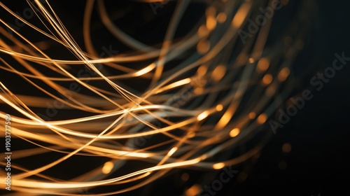 Golden Threads of Connectivity: A mesmerizing close-up of luminous golden fiber optic cables, symbolizing the intricate network of digital communication.