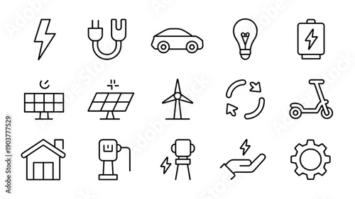 Minimalist green technology icons depicting solar power electric cars wind energy and eco friendly charging stations