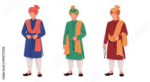 Vector set collections of Indian men wearing kurta pajama with turban and prayer beads, representing spiritual tradition, cultural identity, and South Asian heritage in flat vector style
