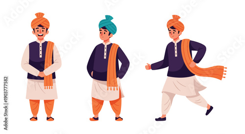 Vector set collections of Indian men wearing kurta pajama with turban and prayer beads, representing spiritual tradition, cultural identity, and South Asian heritage in flat vector style