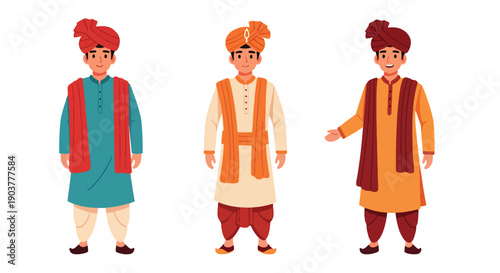 Vector set collections of Indian men wearing kurta pajama with turban and prayer beads, representing spiritual tradition, cultural identity, and South Asian heritage in flat vector style