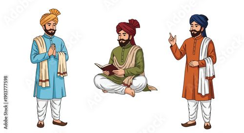 Vector set collections of Indian men wearing kurta pajama with turban and prayer beads, representing spiritual tradition, cultural identity, and South Asian heritage in flat vector style