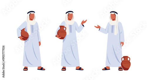 Vector set collections of Egyptian men wearing traditional galabeya and scarf with clay pot, highlighting desert heritage, ancient culture, and Middle Eastern fashion