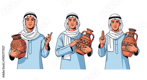 Vector set collections of Egyptian men wearing traditional galabeya and scarf with clay pot, highlighting desert heritage, ancient culture, and Middle Eastern fashion
