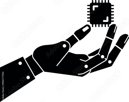 Robotic hand holding microchip icon for artificial intelligence concept
