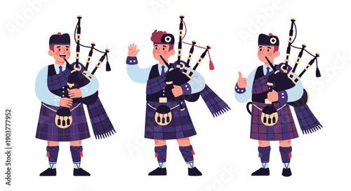 Vector set collections of Scottish men wearing tartan kilt with sporran and jacket, presenting Celtic heritage, national tradition, and European cultural fashion in modern flat vector style