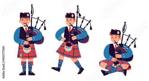 Vector set collections of Scottish men wearing tartan kilt with sporran and jacket, presenting Celtic heritage, national tradition, and European cultural fashion in modern flat vector style