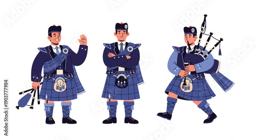 Vector set collections of Scottish men wearing tartan kilt with sporran and jacket, presenting Celtic heritage, national tradition, and European cultural fashion in modern flat vector style