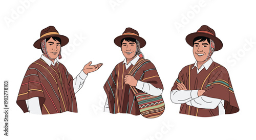 Vector set collections of Peruvian men wearing poncho and chullo hat with woven bag, showing Andean heritage, indigenous culture, and South American traditional fashion