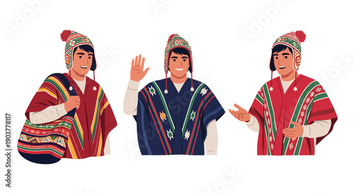 Vector set collections of Peruvian men wearing poncho and chullo hat with woven bag, showing Andean heritage, indigenous culture, and South American traditional fashion