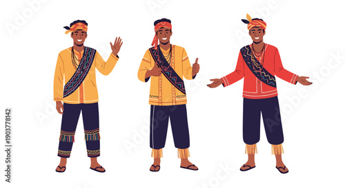 Vector set collections of Brazilian men wearing Bahian attire with bead necklaces, presenting Afro-Brazilian heritage, spiritual culture, and festive tradition