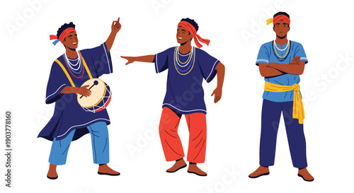 Vector set collections of Brazilian men wearing Bahian attire with bead necklaces, presenting Afro-Brazilian heritage, spiritual culture, and festive tradition