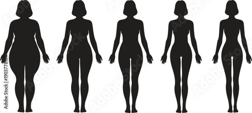 Female Body Shape Silhouette Set, Women Figure Types from Curvy to Slim, Flat Black Vector Illustration