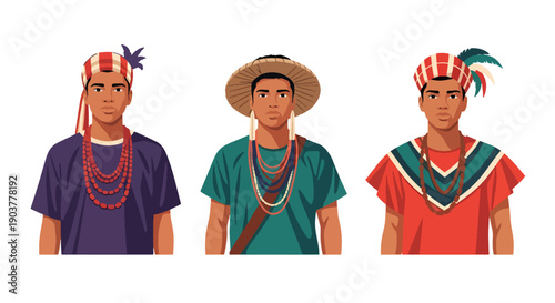 Vector set collections of Brazilian men wearing Bahian attire with bead necklaces, presenting Afro-Brazilian heritage, spiritual culture, and festive tradition
