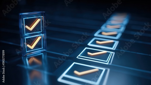 Checklist Validation: A digital checklist, each item marked with a glowing checkmark, illustrates the process of validation and completion, set against a sleek, modern, tech-infused backdrop.
