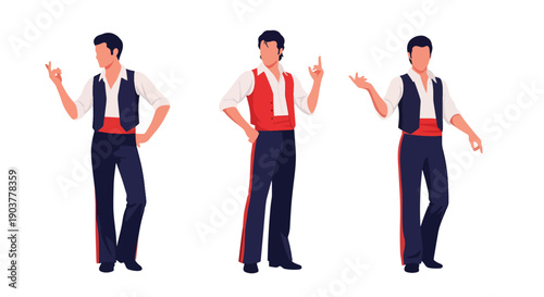 Vector set collections of Spanish men wearing flamenco-style vest and trousers, presenting Andalusian heritage, dance tradition, and romantic cultural fashion