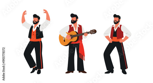 Vector set collections of Spanish men wearing flamenco-style vest and trousers, presenting Andalusian heritage, dance tradition, and romantic cultural fashion