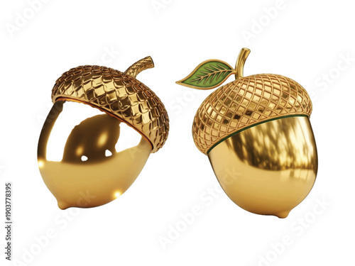 Two decorative golden acorns with textured caps are isolated on a clean white background for premium design use.