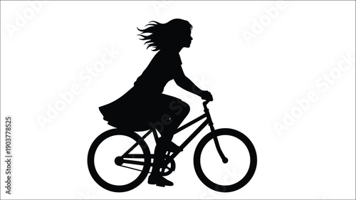 A woman riding a bicycle depicted in stark black silhouette