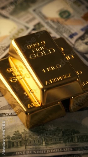 Golden bars of wealth rest on a bed of currency, illuminated with a warm, inviting glow, capturing the essence of affluence. 