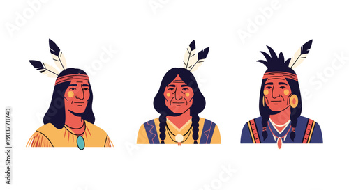 Vector set collections of Native American men wearing traditional regalia with feather headdress, representing indigenous culture, ceremony, and spiritual heritage