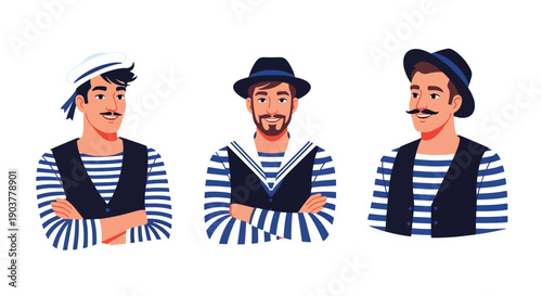 Vector set collections of French men wearing Breton sailor shirt and vest, highlighting coastal heritage, maritime culture, and regional tradition