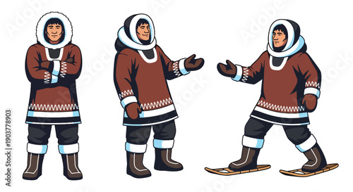 Vector set collections of Inuit men wearing fur-trimmed parka and boots, showing Arctic survival culture, northern heritage, and traditional lifestyle