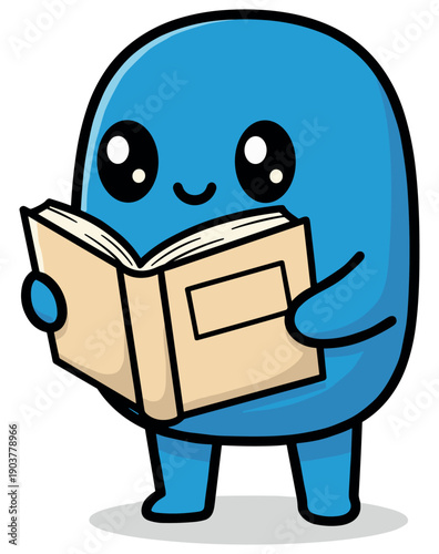 Blue cartoon character reading a book, education and learning mascot vector illustration on transparent background
