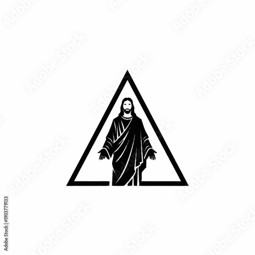 Jesus Christ figure within a geometric triangle symbol.