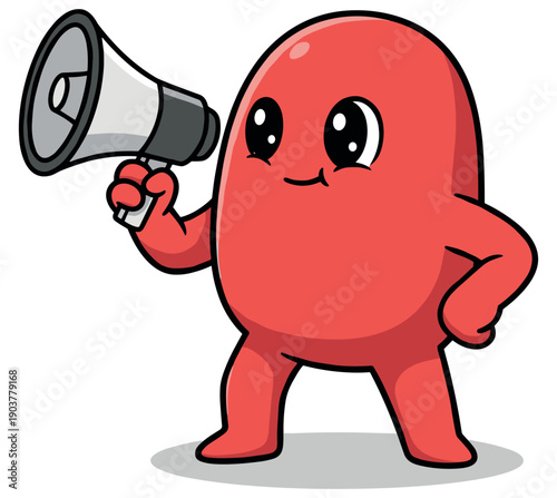 Red cartoon character holding megaphone, communication and announcement mascot vector illustration on transparent background
