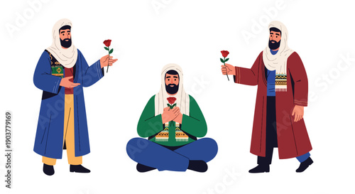 Vector set collections of Iranian men wearing traditional Persian robe with patterned scarf and rose, highlighting Middle Eastern culture and artistic heritage