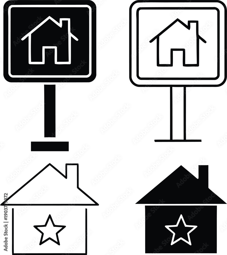 Fototapeta premium Four icons representing houses and real estate signs with stars