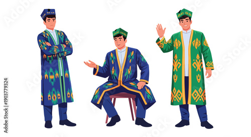Vector set collections of Uzbek men wearing atlas silk coat and doppa hat, showing Central Asian heritage and artisan culture