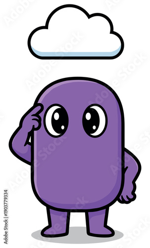 Purple cartoon character thinking with cloud, mascot vector illustration, idea and thought concept icon on transparent background

