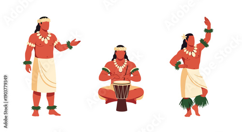 Vector set collections of Polynesian men wearing tapa cloth wrap with flower necklace and seashell accessory, presenting oceanic heritage, island culture, and traditional beauty