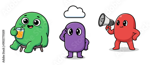 Cartoon mascot character set with communication and idea concepts, vector illustration icons on transparent background
