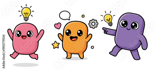 Cartoon mascot character set with lightbulb ideas and communication concepts, vector illustration icons on transparent background
