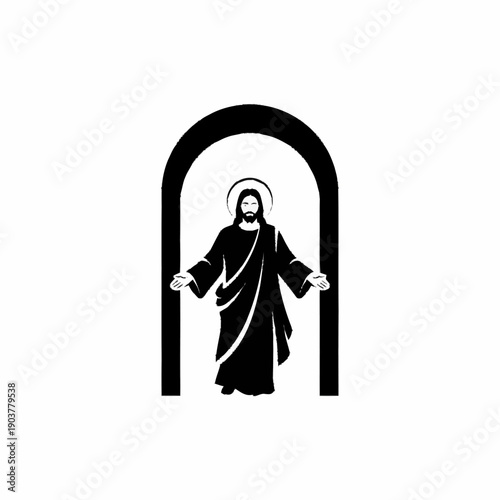 Jesus Christ standing with open arms in an archway.