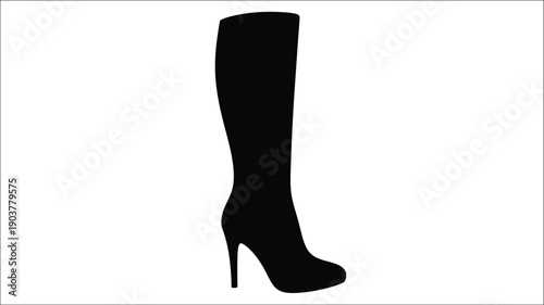 A striking black high heeled boot on a white background silhouette