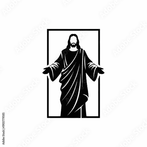 Jesus Christ with open arms in a framed silhouette.