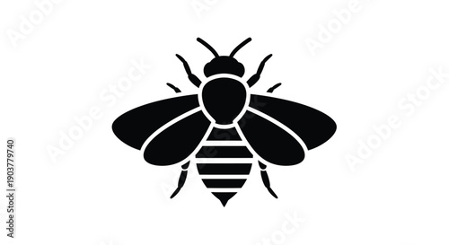 A simple black and white illustration of a bee in flight