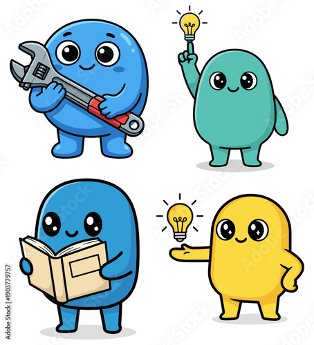Cartoon mascot character set with wrench tool, lightbulb ideas and reading book concepts, vector illustration icons on transparent background
