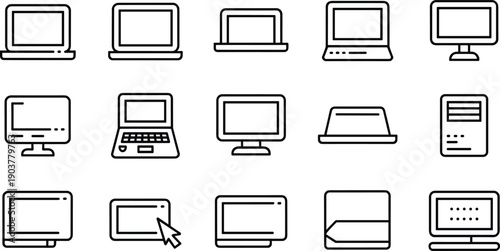 Collection of line art icons for laptops computers monitors and computer peripherals on transparent background