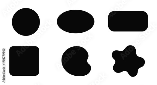 Assorted black shapes arranged on a white background including circles and squares
