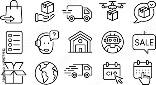 Set of modern linear icons representing logistic, delivery, shopping and business services on transparent background