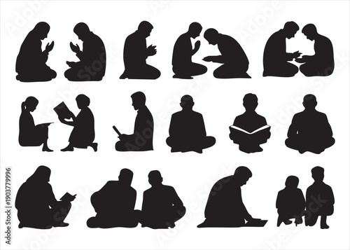 Collection of people reading books and meditating, religious activities