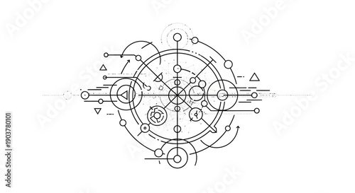 Complex abstract technology schematic diagram with circles and lines representing innovation and