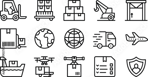 Industrial logistics and transportation icons including forklift, crane, truck, plane, ship, and drone