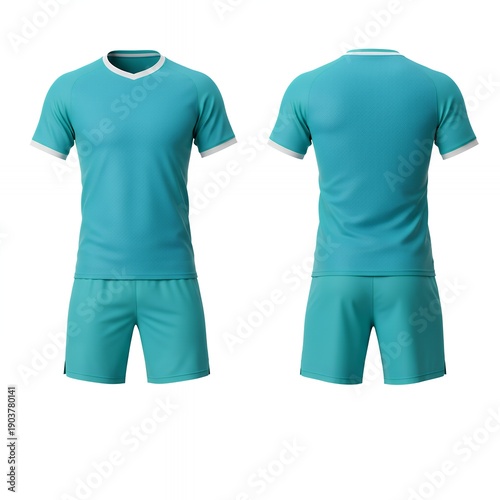 Teal Soccer Uniform Mockup Featuring Front and Back Views, Cyan Football Jersey and Shorts Template with White Accents Isolated on White Background for Sports Team Branding and Design